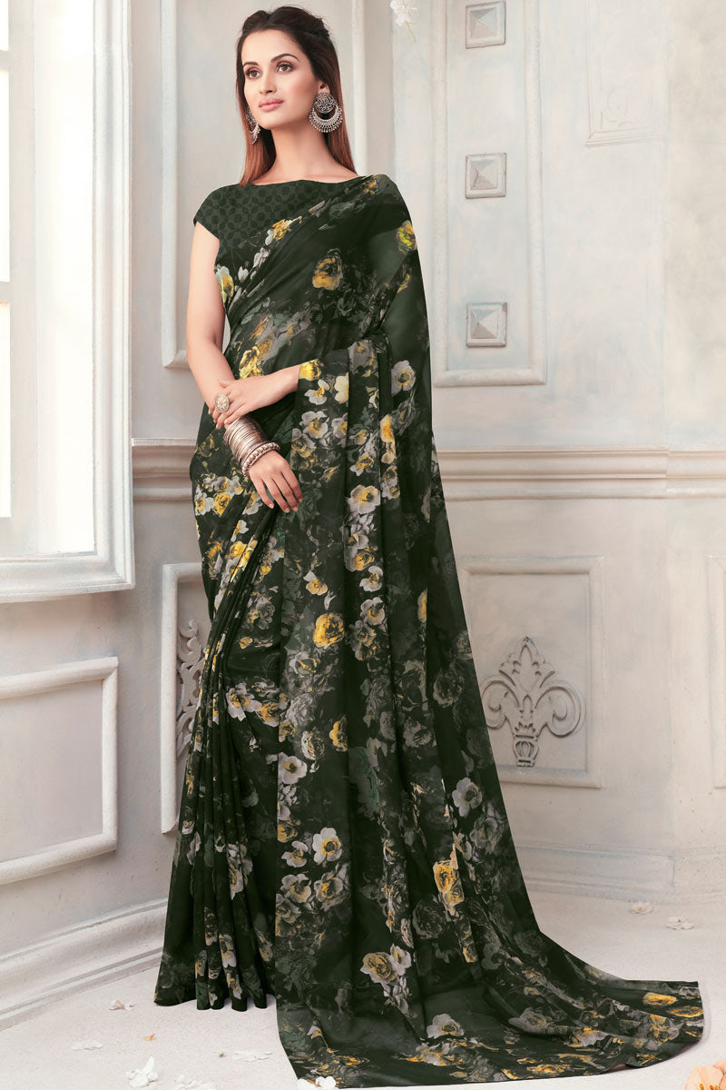Floral Printed On Georgette Daily Wear Saree In Dark Green Color | Buy Online India