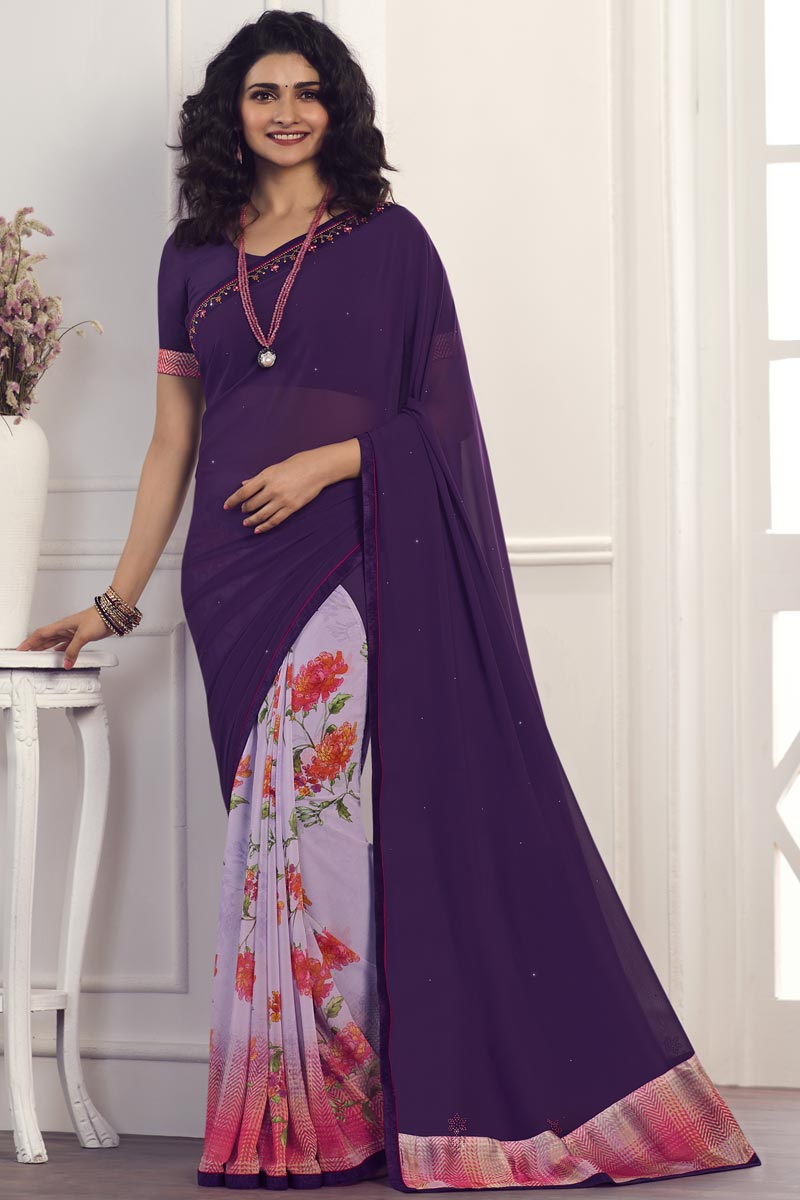 Prachi Desai Purple Color Regular Wear Georgette Fabric Printed Saree