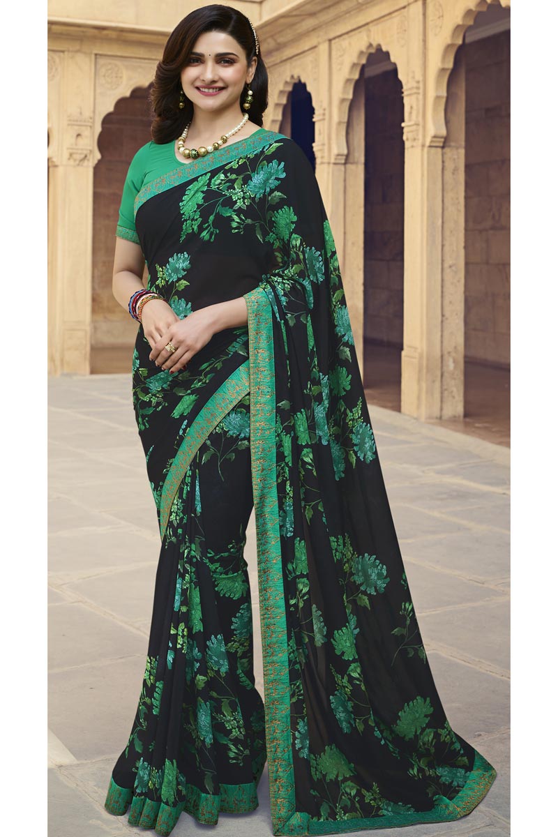 Prachi Desai Georgette Fabric Casual Wear Fancy Black Color Printed Saree