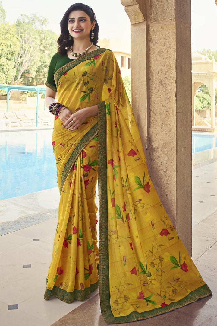 Prachi Desai Office Wear Georgette Fabric Fancy Printed Saree In Mustard Color