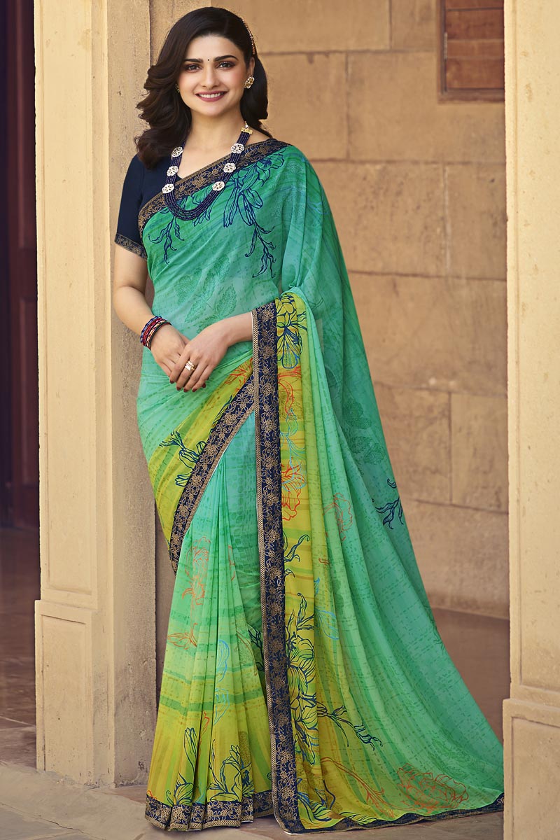 Prachi Desai Georgette Fabric Fancy Regular Wear Sea Green Color Printed Saree