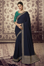 Load image into Gallery viewer, Art Silk Fabric Embroidered Navy Blue Color Wedding Wear Fancy Saree
