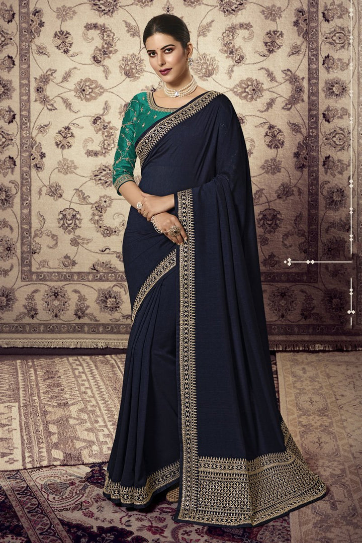 Art Silk Fabric Embroidered Navy Blue Color Wedding Wear Fancy Saree