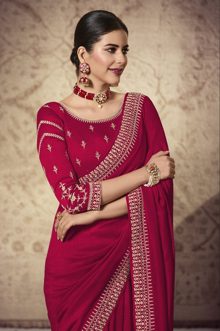 Red Art Silk Fabric Stylish Embroidered Function Wear Saree