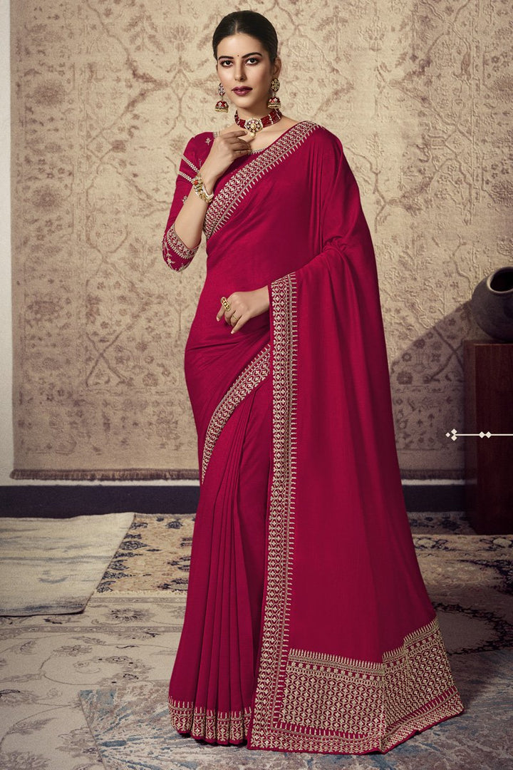 Red Art Silk Fabric Stylish Embroidered Function Wear Saree