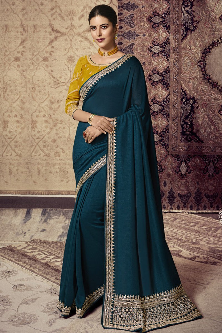 Teal Color Art Silk Embroidered Reception Wear Saree