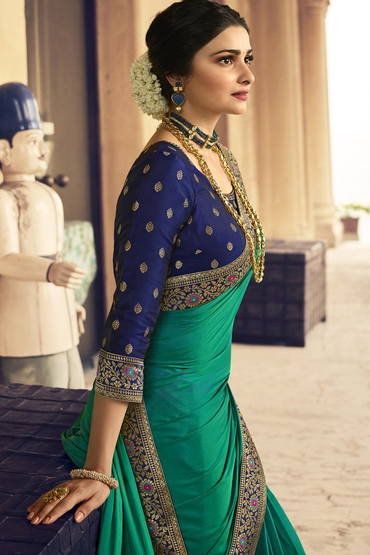 Prachi Desai Cyan Color Crepe Silk Fabric Stylish Embroidered Function Wear Saree