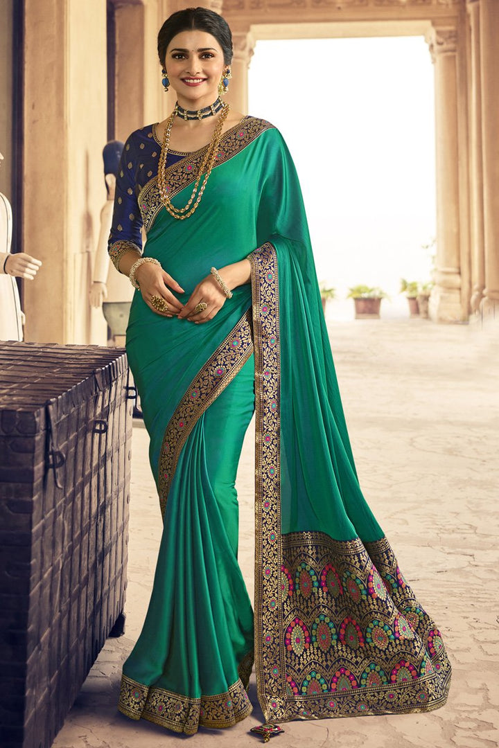 Prachi Desai Cyan Color Crepe Silk Fabric Stylish Embroidered Function Wear Saree