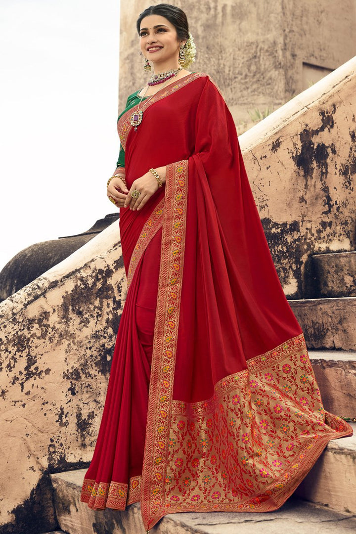 Prachi Desai Red Color Crepe Silk Embroidered Festive Wear Saree