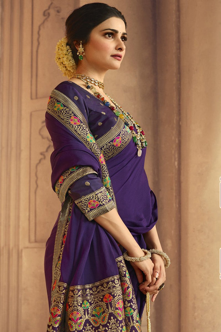 Prachi Desai Purple Color Crepe Silk Fabric Embroidered Function Wear Saree