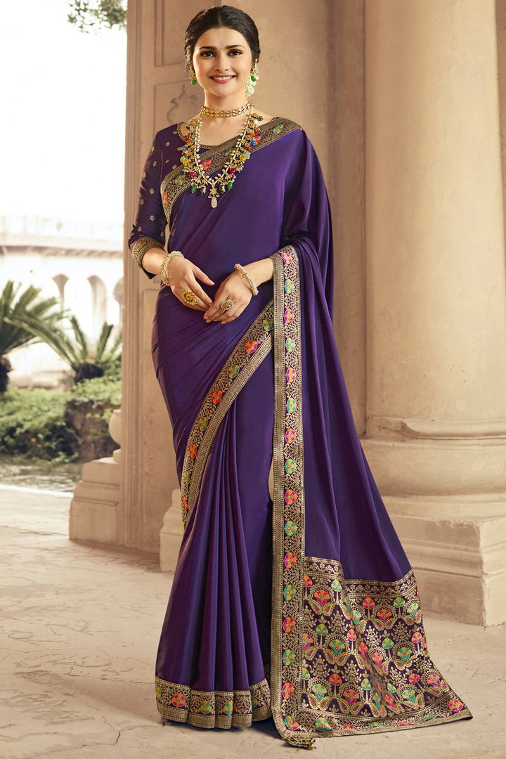 Prachi Desai Purple Color Crepe Silk Fabric Embroidered Function Wear Saree