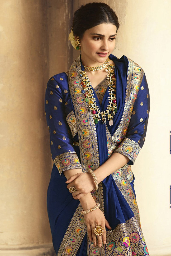 Prachi Desai Blue Color Crepe Silk Fabric Embroidered Function Wear Stylish Saree