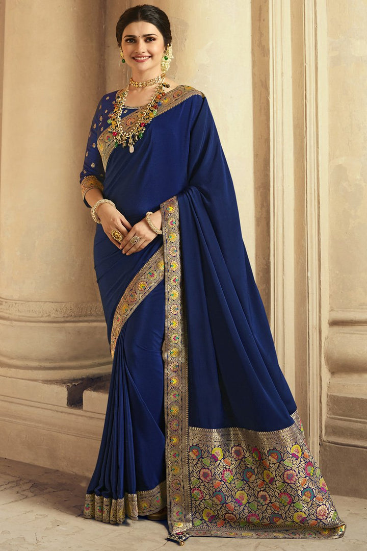 Prachi Desai Blue Color Crepe Silk Fabric Embroidered Function Wear Stylish Saree