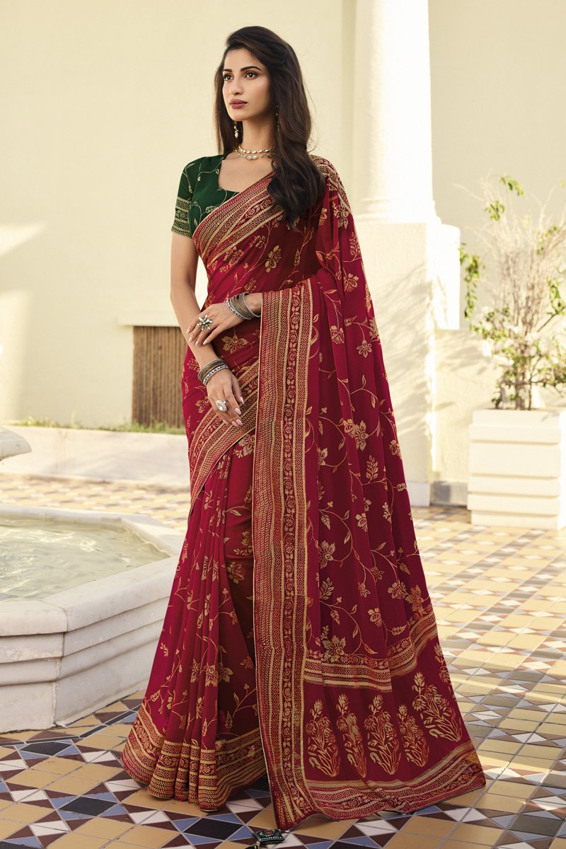 Georgette Fabric Red Color Fancy Foil Work Festive Wear Saree