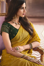 Load image into Gallery viewer, Georgette Fabric Foil Work Mustard Color Wedding Wear Saree

