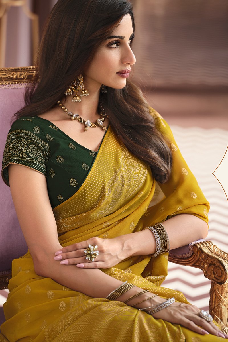 Georgette Fabric Foil Work Mustard Color Wedding Wear Saree | Buy Online India