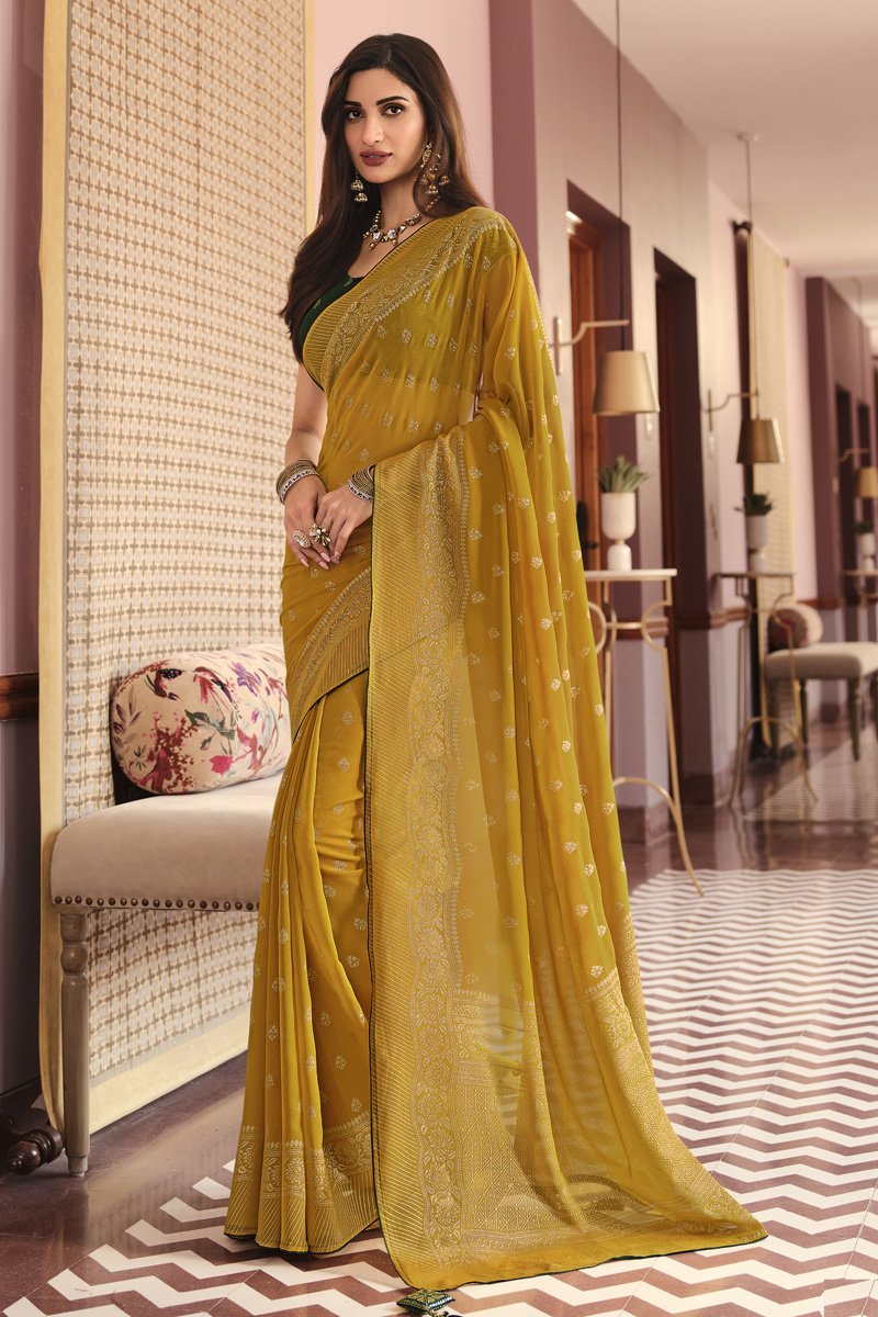 Georgette Fabric Foil Work Mustard Color Wedding Wear Saree | Buy Online India