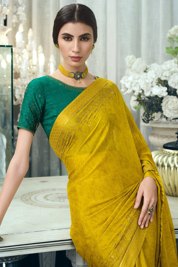 Festive Wear Yellow Georgette Silk Fabric Stone Work Designer Saree