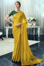 Load image into Gallery viewer, Festive Wear Yellow Georgette Silk Fabric Stone Work Designer Saree

