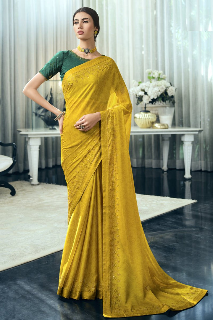 Festive Wear Yellow Georgette Silk Fabric Stone Work Designer Saree