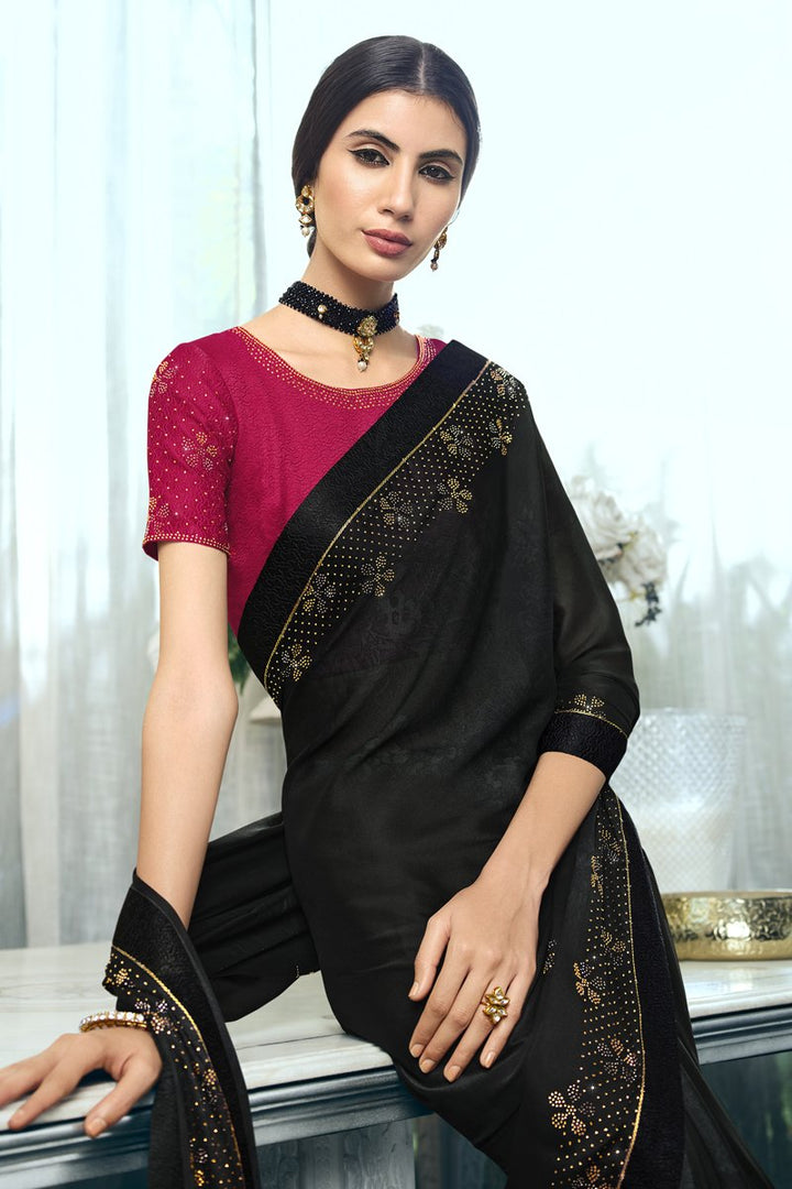 Georgette Silk Fabric Festive Wear Black Color Stone Work Designer Saree