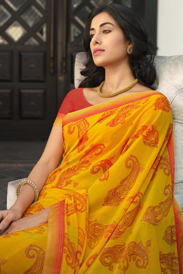 Yellow Color Georgette Fabric Printed Casual Saree