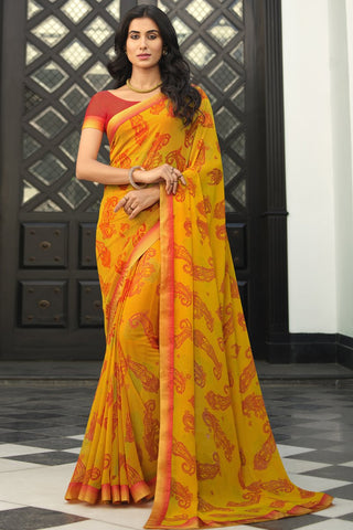 Yellow Color Georgette Fabric Printed Casual Saree