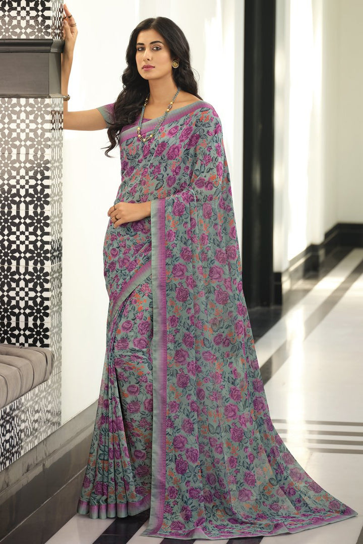 Casual Wear Grey Color Georgette Fabric Printed Saree