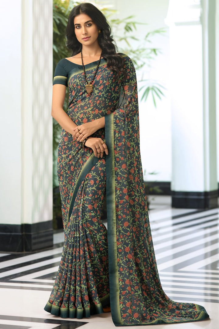 Grey Color Occasion Wear Georgette Fabric Printed Saree