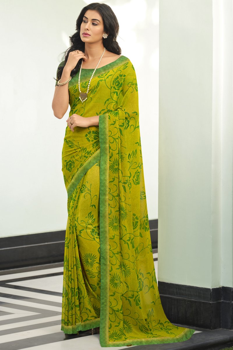 Georgette Fabric Occasion Wear Green Simple Printed Saree | Buy Online India