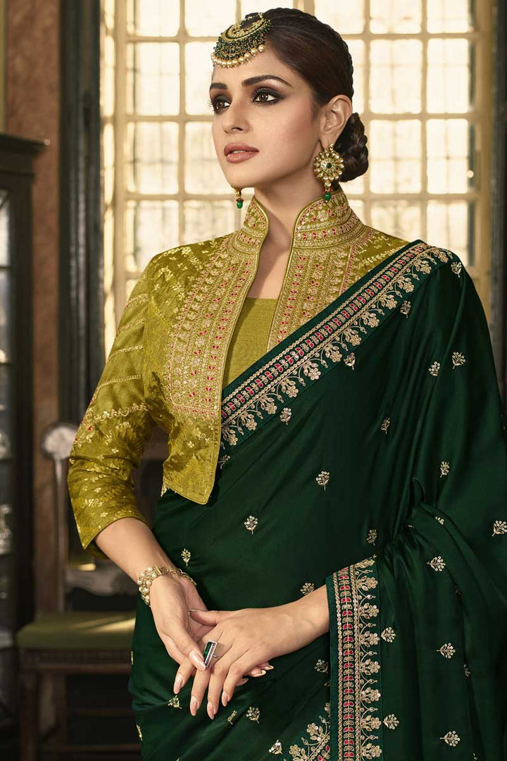 Elegant Dark Green Color Silk Saree With Embroidered Work Featuring Asmita Sood