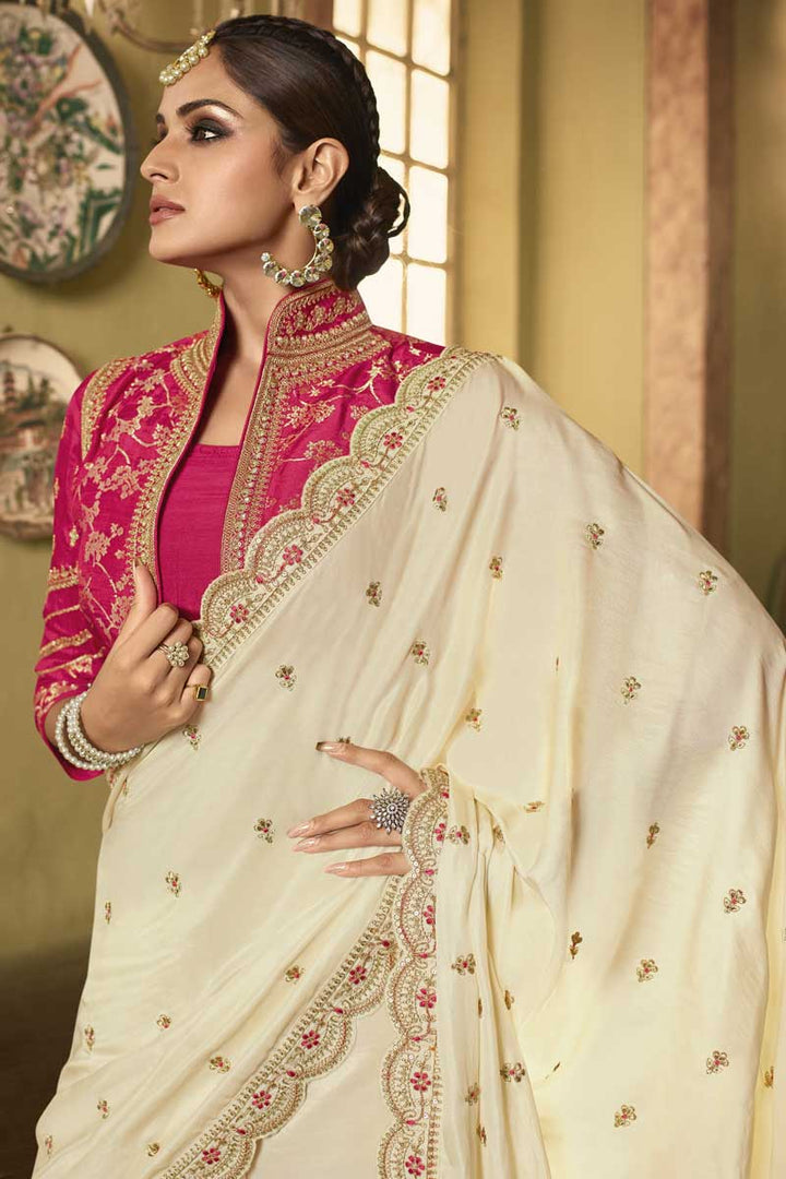 Silk Fabric Attractive Beige Color Saree Featuring Asmita Sood With Embroidered Work