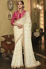 Load image into Gallery viewer, Silk Fabric Attractive Beige Color Saree Featuring Asmita Sood With Embroidered Work
