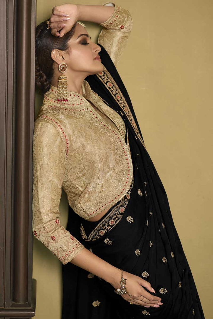 Designer Silk Fabric Black Color Saree Featuring Asmita Sood With Embroidered Work