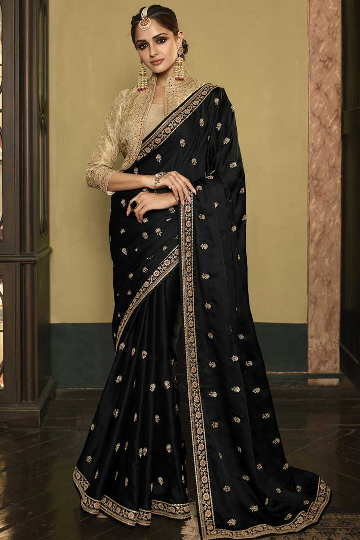 Designer Silk Fabric Black Color Saree Featuring Asmita Sood With Embroidered Work
