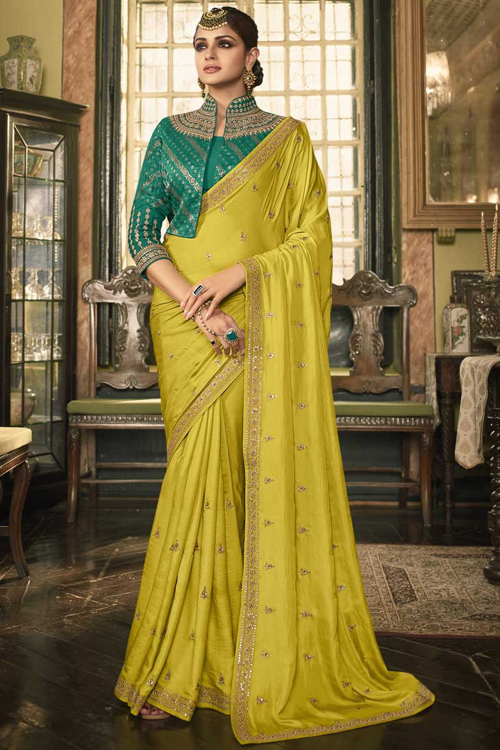 Bright Yellow Color Silk Saree With Embroidered Work Featuring Asmita Sood