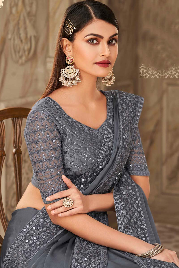 Function Wear Georgette Silk Fabric Grey Color Embroidered Work Remarkable Saree