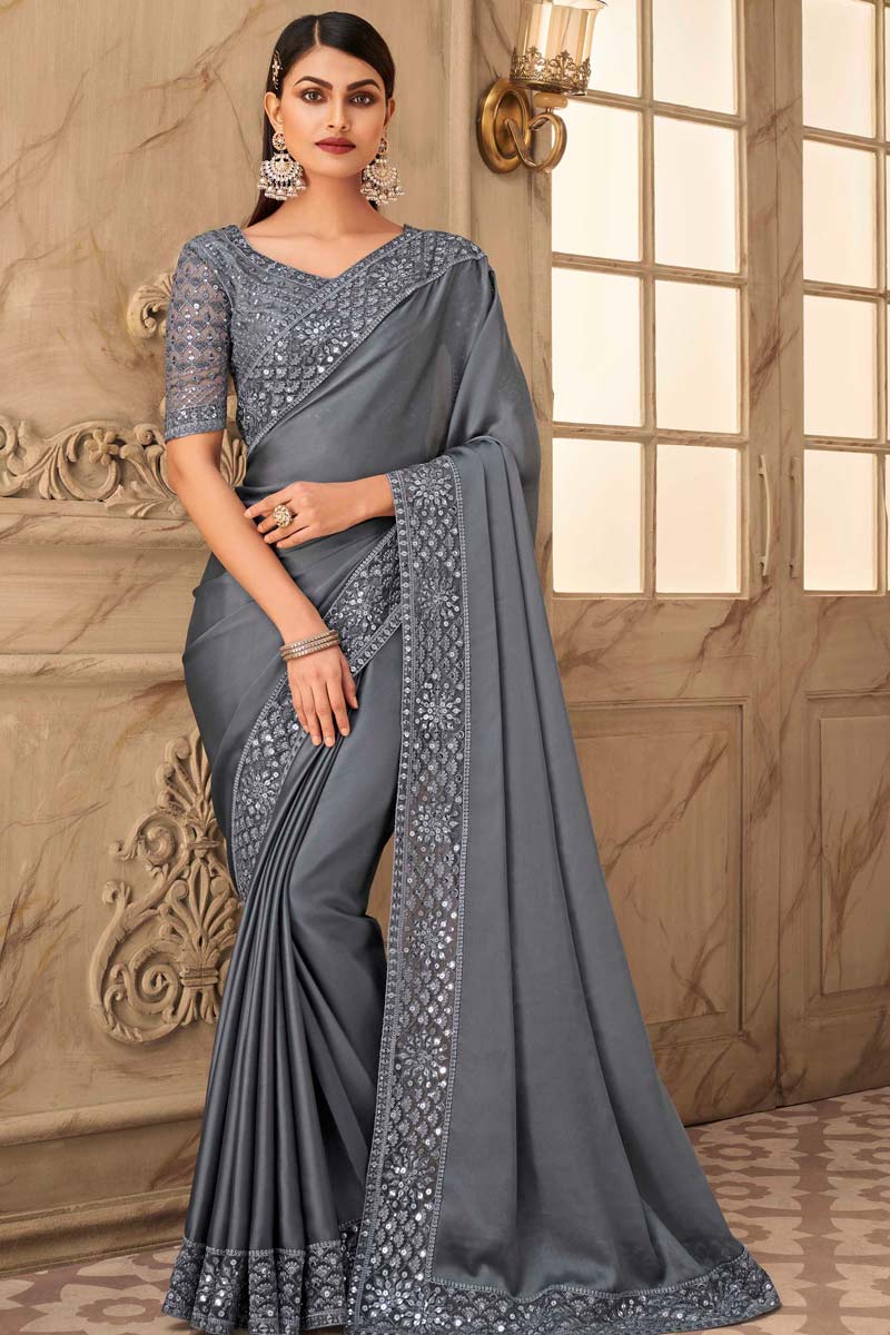 Function Wear Georgette Silk Fabric Grey Color Embroidered Work Remarkable Saree