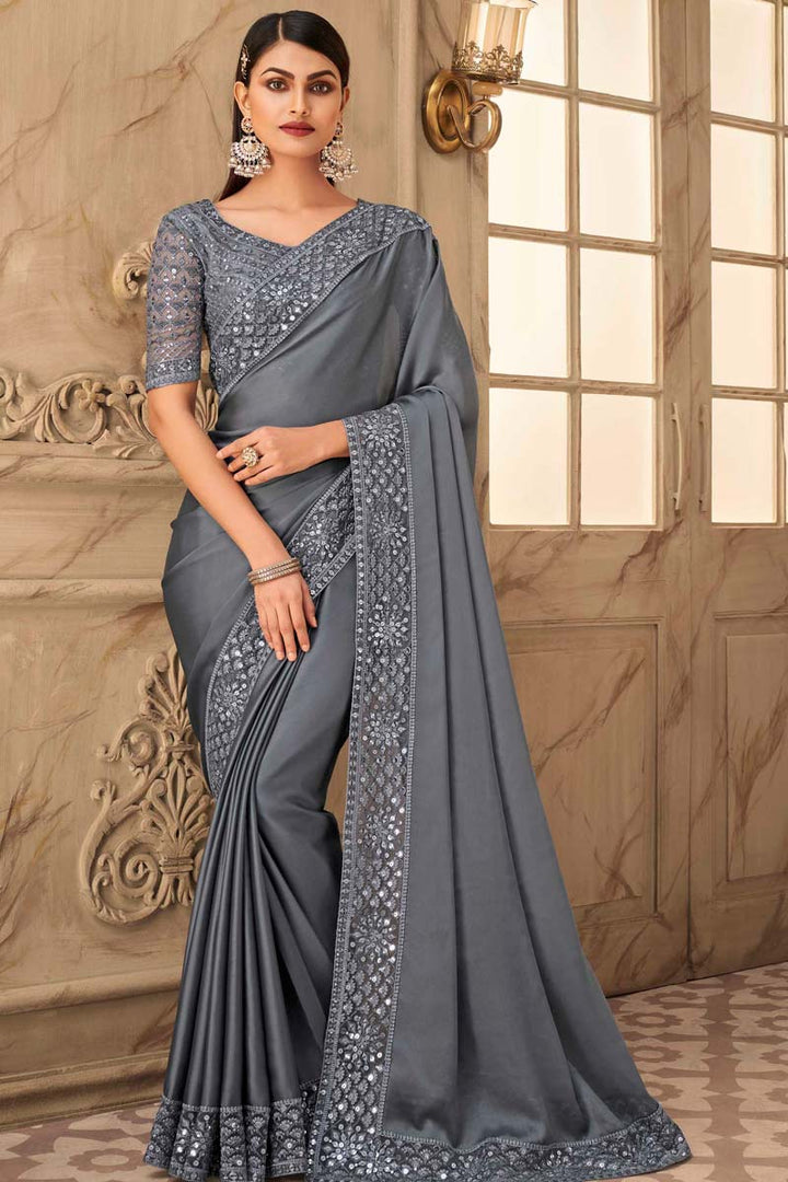 Function Wear Georgette Silk Fabric Grey Color Embroidered Work Remarkable Saree