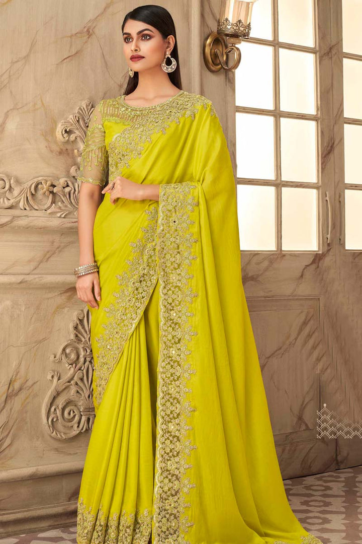 Blissful Function Wear Georgette Silk Fabric Yellow Color Embroidered Work Saree