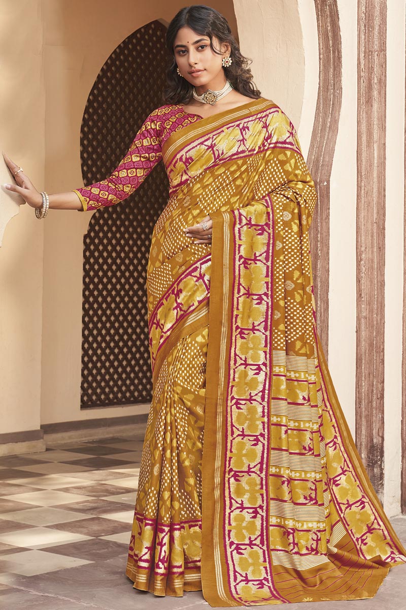 Golden Color Fancy Art Silk Fabric Printed Daily Wear Saree