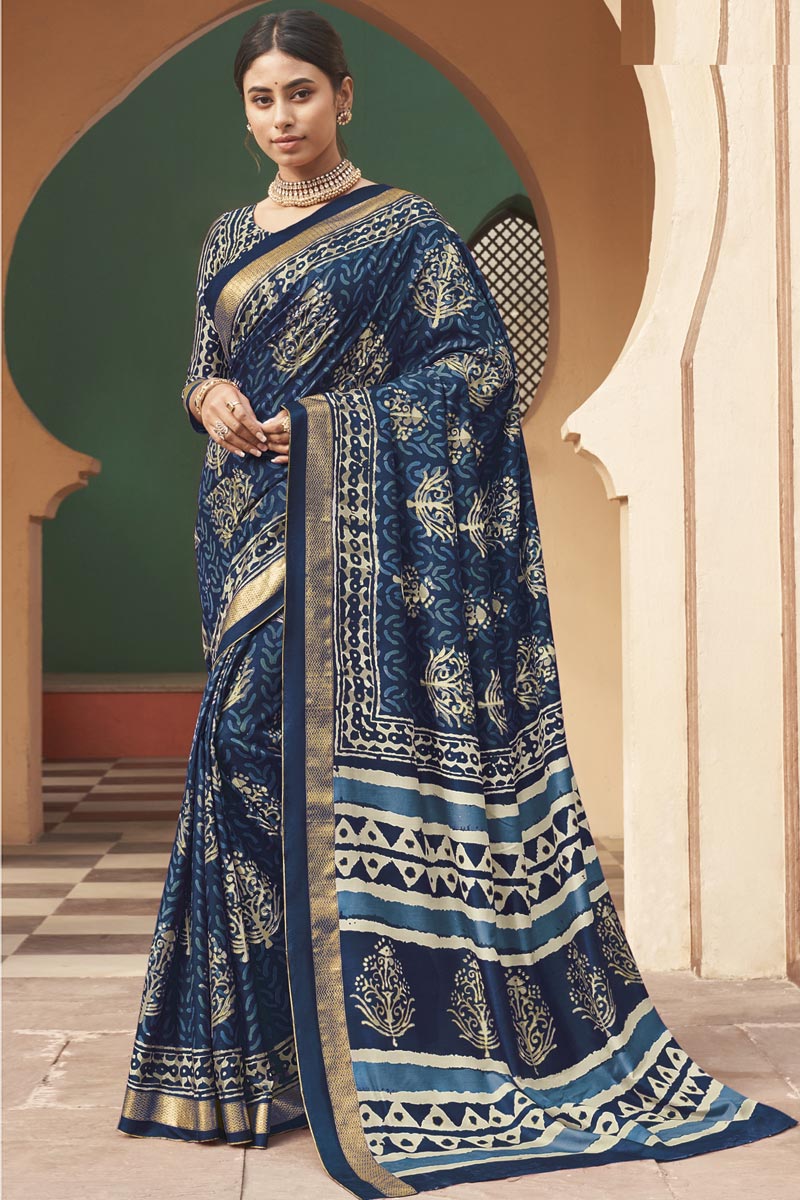 Navy Blue Color Art Silk Fabric Regular Wear Printed Saree