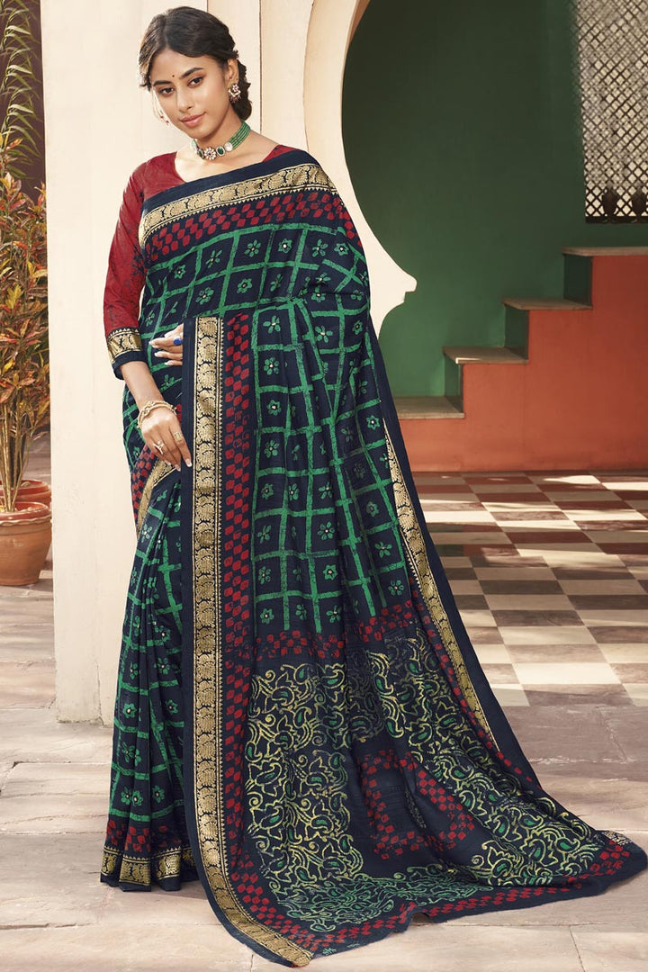 Navy Blue Color Casual Printed Saree In Art Silk Fabric