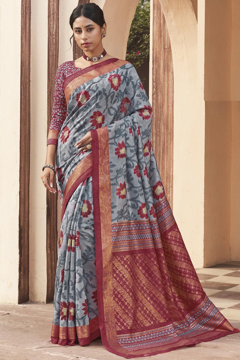 Fancy Art Silk Fabric Grey Color Daily Wear Printed Saree