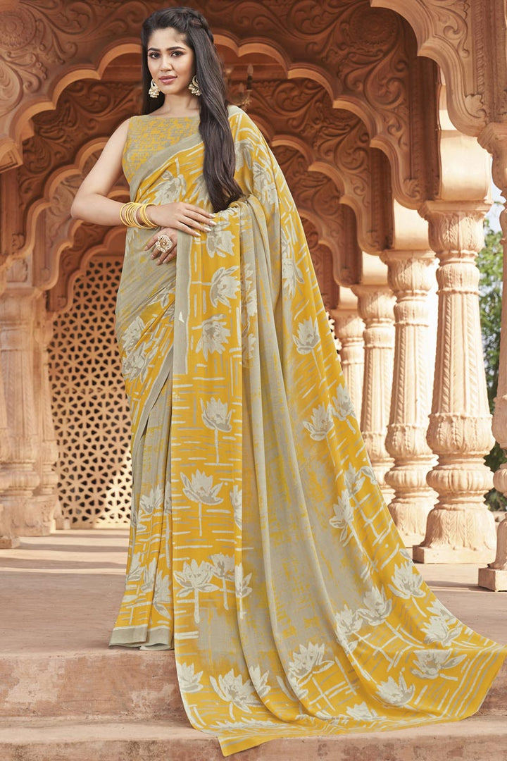 Yellow Color Crepe Fabric Fancy Printed Daily Wear Saree