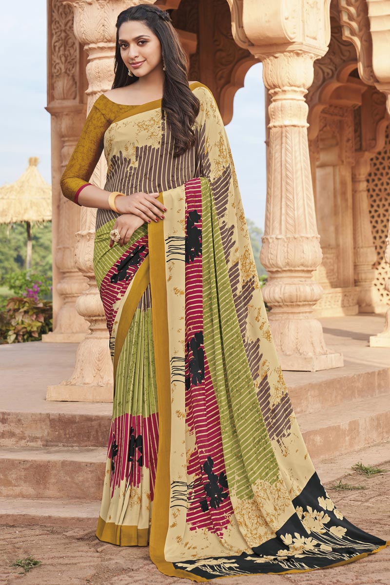 Simple Printed Crepe Fabric Saree In Beige Color