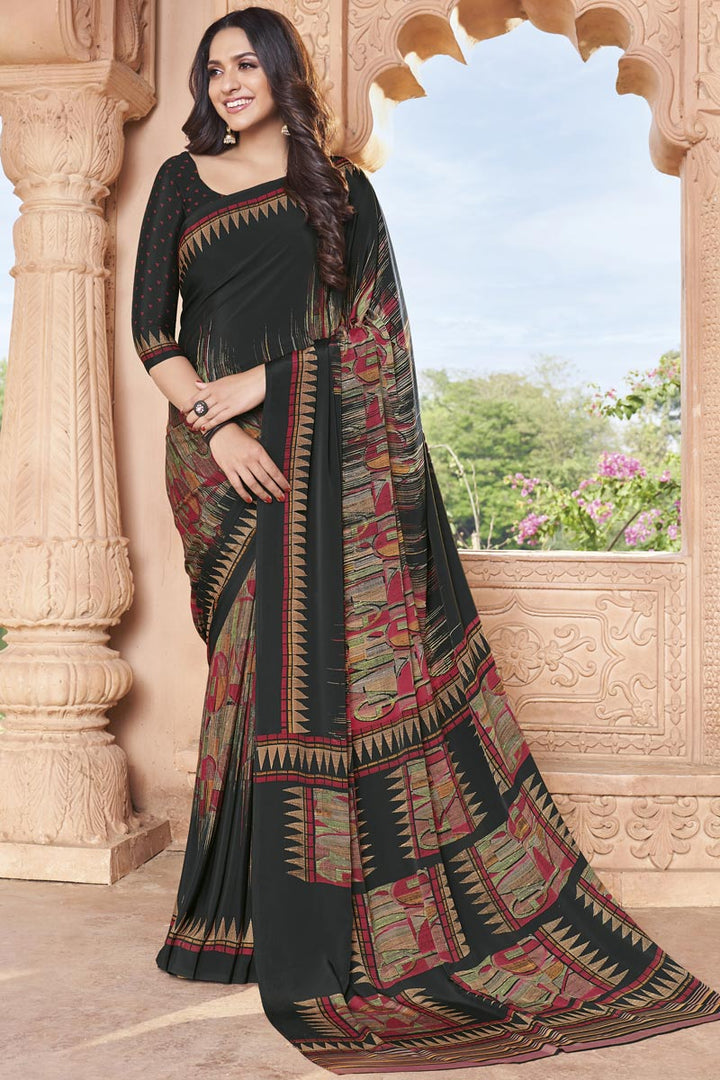 Fancy Crepe Fabric Black Color Daily Wear Printed Saree