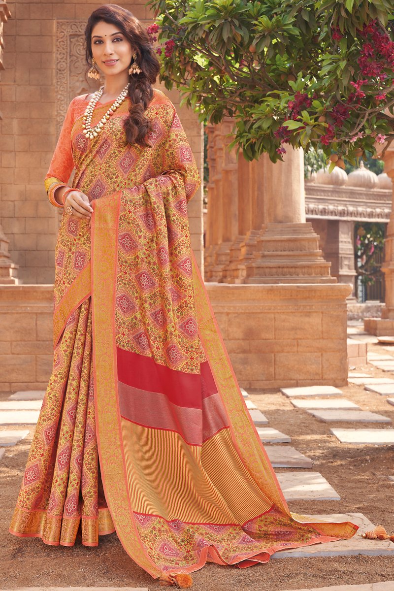 Art Silk Fabric Chic Printed Saree In Peach Color