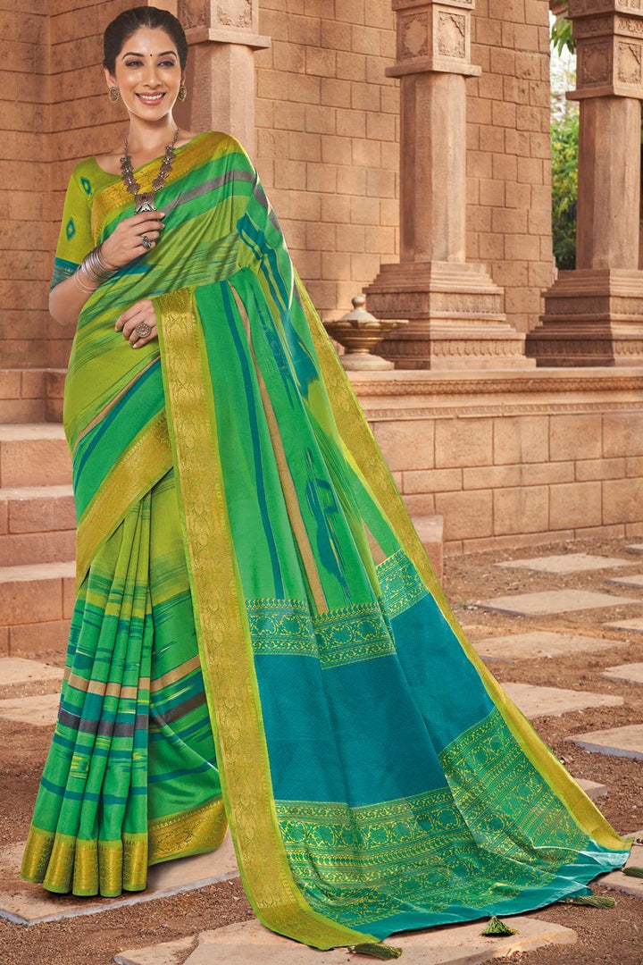 Art Silk Fabric Simple Printed Casual Wear Saree In Green Color