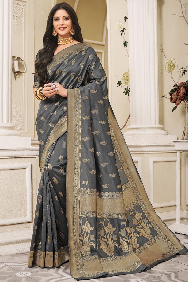 Grey Color Festive Wear Art Silk Fabric Weaving Work Saree